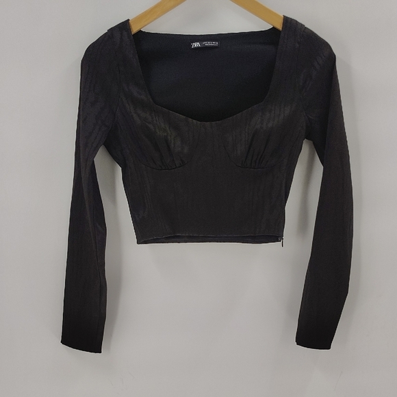 Zara Black Crop Top Size Small Long Sleeve Zip Side With Cups - Picture 1 of 8